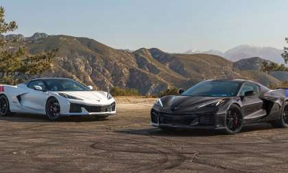 The 2027 Chevrolet Corvette Grand Sport Launch Edition in Arctic White and Grand Sport X in Pitch Gray Metallic positioned side by side sharing the same foundational Stingray DNA.