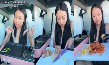 This Woman Cooked Seafood In Her Tesla With White Seats - Genius Idea Or Stain Waiting To Happen?