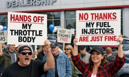 A generatied image shows protestors holding up signs in front a dealership 