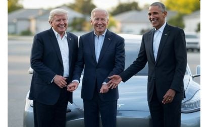 Image of presidents Trump, Biden, and Obama with Tesla vehicle created using Grok by John Goreham