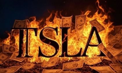 Image of the letters TSLA with dollars on fire