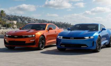Two Chevrolet Camaros, old and new rendering, parked next to each other. Torque News imagination
