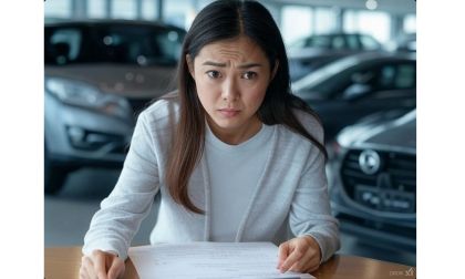 very worried woman shopper looks at an extended warranty contract placed before her by a car dealer