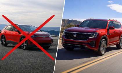 Comparison image showing a red Volkswagen ID.4 crossed out on the left and a red Volkswagen Atlas driving on the right.