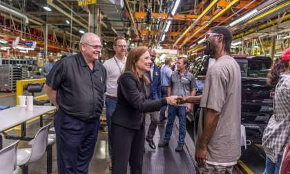 Mary Barra greets workers in GM truck plant