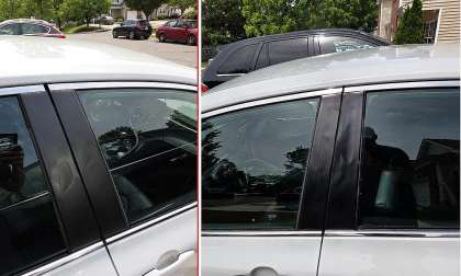 Black window pillar trim on a white vehicle, showing exterior trim condition melted