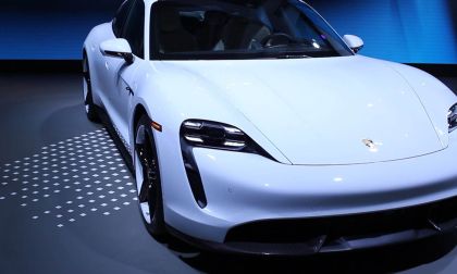 White 2020 Porsche Taycan at the LA Auto Show