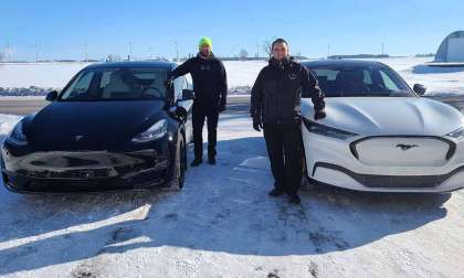 2021 Tesla Model Y and 2021 Ford Mustang Mach-E in Quebec