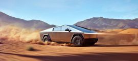 A 2026 Tesla Cybertruck spews dirt into the air.