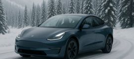 Tesla Model 3 driving on a cold, snow-covered mountain road