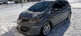 A Chevrolet Bolt charges in arctic temperatures outside
