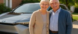 Senior couple in front of their Toyota bZ4X electric vehicle