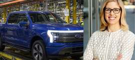 Ford CFO Sherry House and a rendering of an F-150 Lightning coming out of a Ford assembly line.
