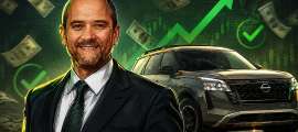 Illustrated Nissan executive portrait with a Nissan SUV, green growth arrow, check marks, and money-themed background.