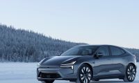 2025 Polestar 4 electric SUV front view, minimalist Scandinavian design in desert setting