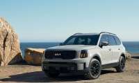 Gray 2024 Kia Telluride parked near a rocky coastal overlook with black wheels and updated Kia styling