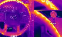 Thermal camera image of a Toyota Tundra heated steering wheel showing uneven heat distribution, with hotter upper sections and cooler temperatures on the inner lower portion of the wheel.