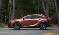 Copper 2026 Lexus RX on a forest road, full side profile