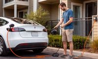 Apartment dweller charging his Tesla Model Y with an extension cord