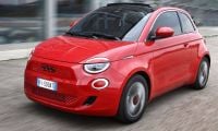 Red Fiat 500e in city
