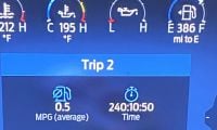 Ford F-150 dashboard display showing Trip 2 statistics including fuel economy of 0.5 MPG average and trip time of 240:10:50, with temperature and fuel level indicators visible at the top of the blue digital interface.