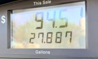 Gas pump display showing $94.51 for 27.887 gallons. The screen is framed in gray and the background appears blurred.