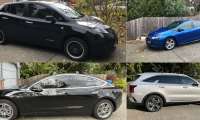 2011 Nissan LEAF EV, 2017 Chevrolet Volt PHEV, 2018 Tesla Model 3 EV, 2022 Kia Sorento PHEV