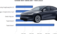 Chart of 2025 global EV sales superimposed with a Tesla Model Y