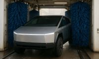 A Tesla Cybertruck exits an automated car wash