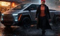 Cybertruck rendering with a Blade Runner type character