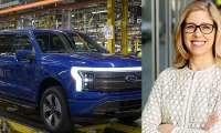 Ford CFO Sherry House and a rendering of an F-150 Lightning coming out of a Ford assembly line.