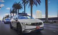 Hyundai Ioniq 5 robotaxi driving in Las Vegas with autonomous sensors and cameras