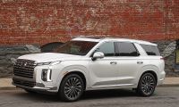 White Hyundai Palisade luxury SUV parked on a city street in front of a brick building.