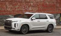 White Hyundai Palisade parked on a city street in a front three-quarter view near a brick wall.