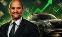 Illustrated Nissan executive portrait with a Nissan SUV, green growth arrow, check marks, and money-themed background.