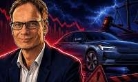 Illustrated automotive executive beside a Polestar electric vehicle with legal warning symbols, storm clouds, and a red market chart in the background.