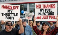 A generatied image shows protestors holding up signs in front a dealership 