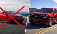 Comparison image showing a red Volkswagen ID.4 crossed out on the left and a red Volkswagen Atlas driving on the right.