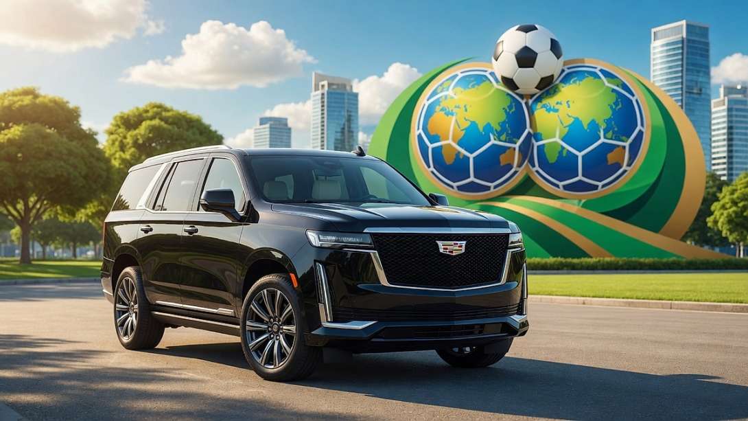 2026 Cadillac Escalade with 4,100 miles parked in front a FIFA World Cup sign in a city, rendition.