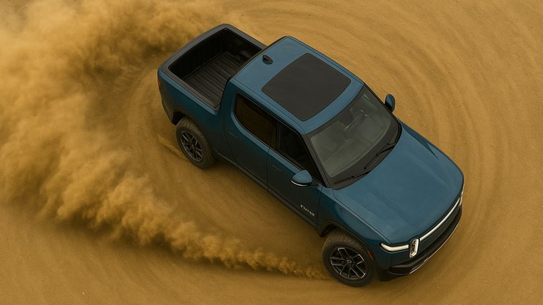 Rivian R1T performing a tank turn in dirt