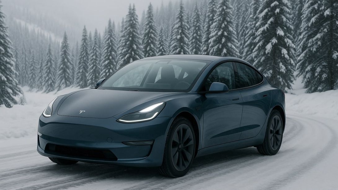 Tesla Model 3 driving on a cold, snow-covered mountain road