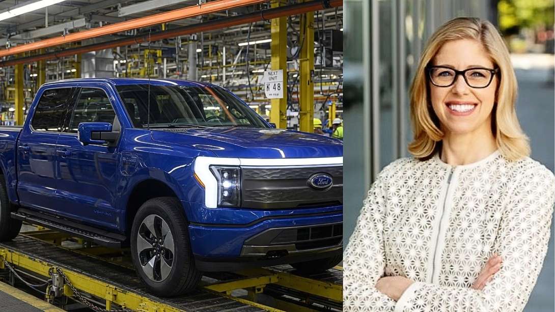 Ford CFO Sherry House and a rendering of an F-150 Lightning coming out of a Ford assembly line.