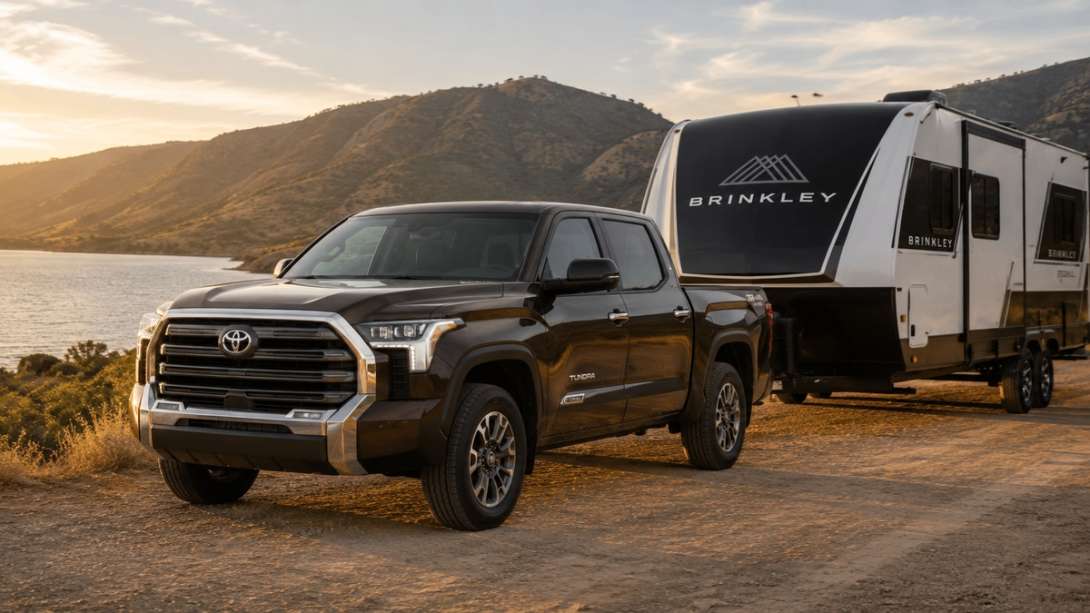 Dark brown Toyota Tundra towing a black and white Brinkley travel trailer beside a lake at sunset