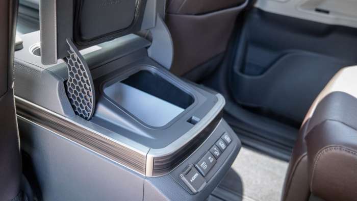 Refrigerator compartment on the back of the front console of the 2021 Toyota Sienna Platinum