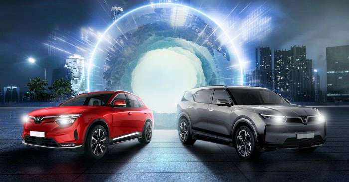Image showing two of Vietnamese manufacturer VinFast's electric SUVs.
