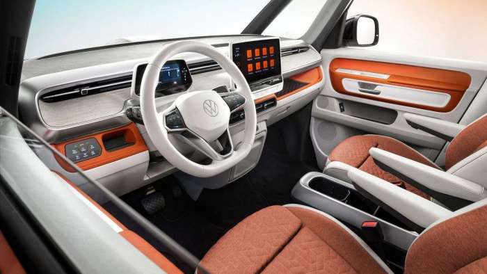 Image showing the two-tone interior of the Volkswagen ID. Buzz. A white steering wheel is not a good idea.