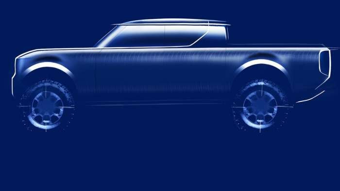 Image showing a side-on sketch of the pickup version of VW's future Scout EV.