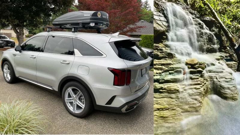 Silver Kia Sorento PHEV and waterfall Silver Kia Sorento PHEV and waterfall